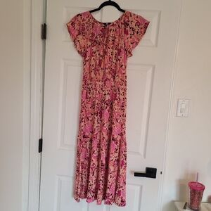 Frye Pink Floral Flutter-Sleeve Maxi Dress Key Hole Size S